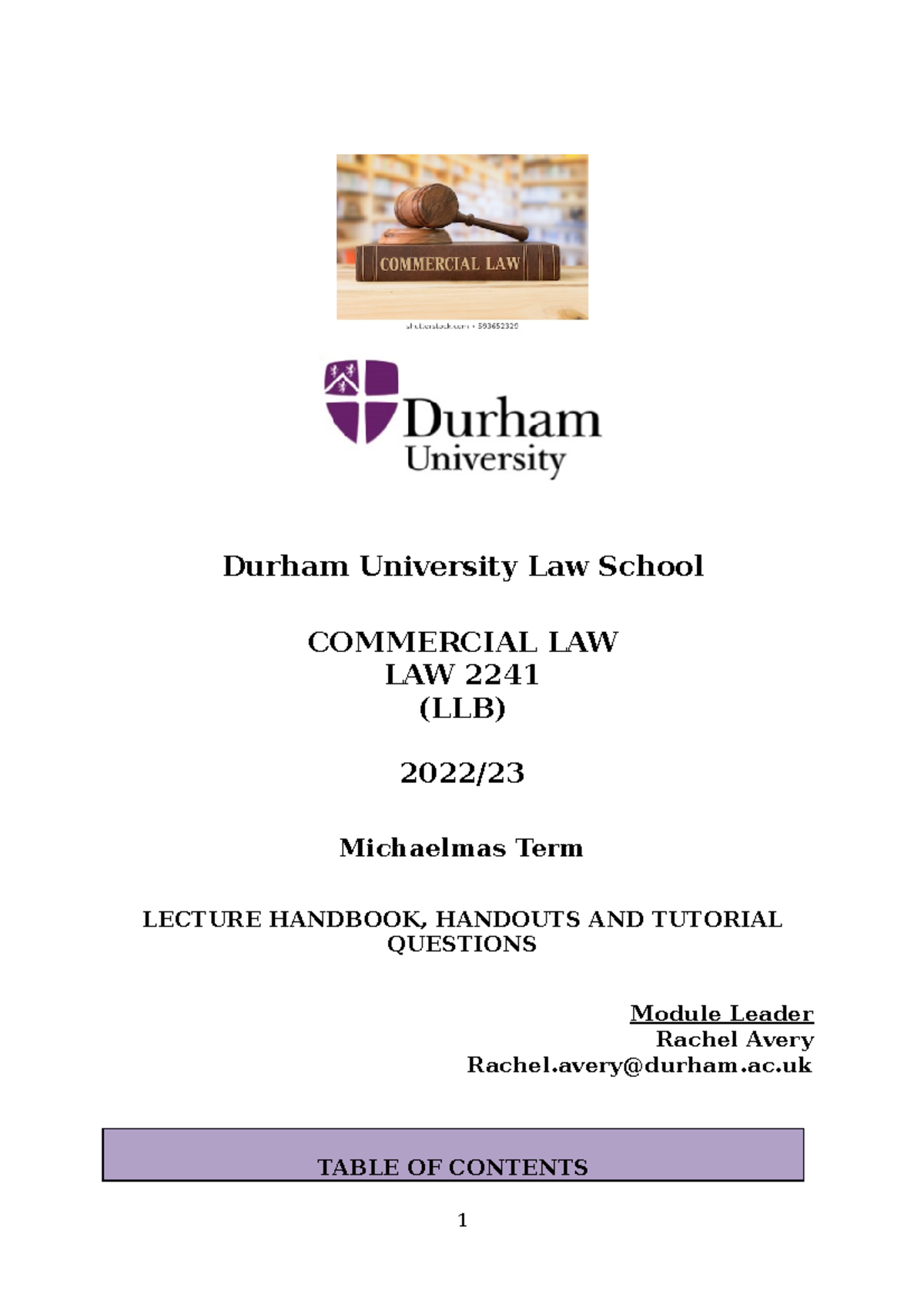Module handbook Durham University Law School COMMERCIAL LAW LAW 2241