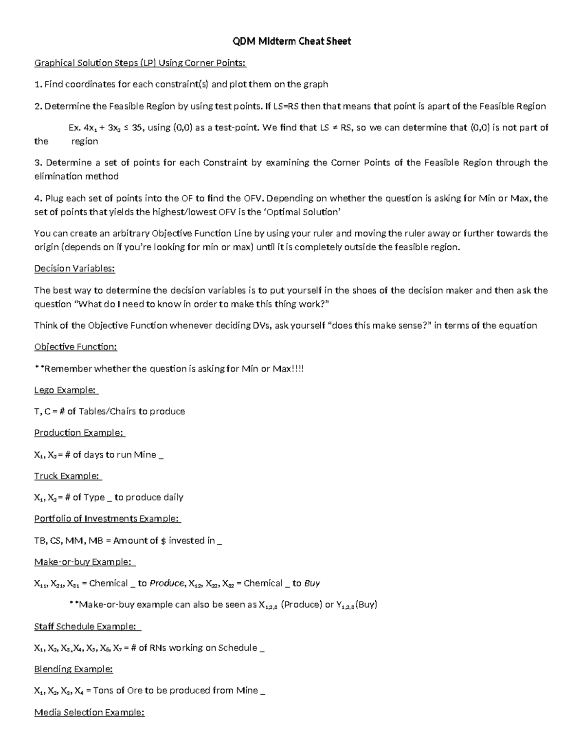 QDM Midterm Cheat Sheet QDM Midterm Cheat Sheet Graphical Solution
