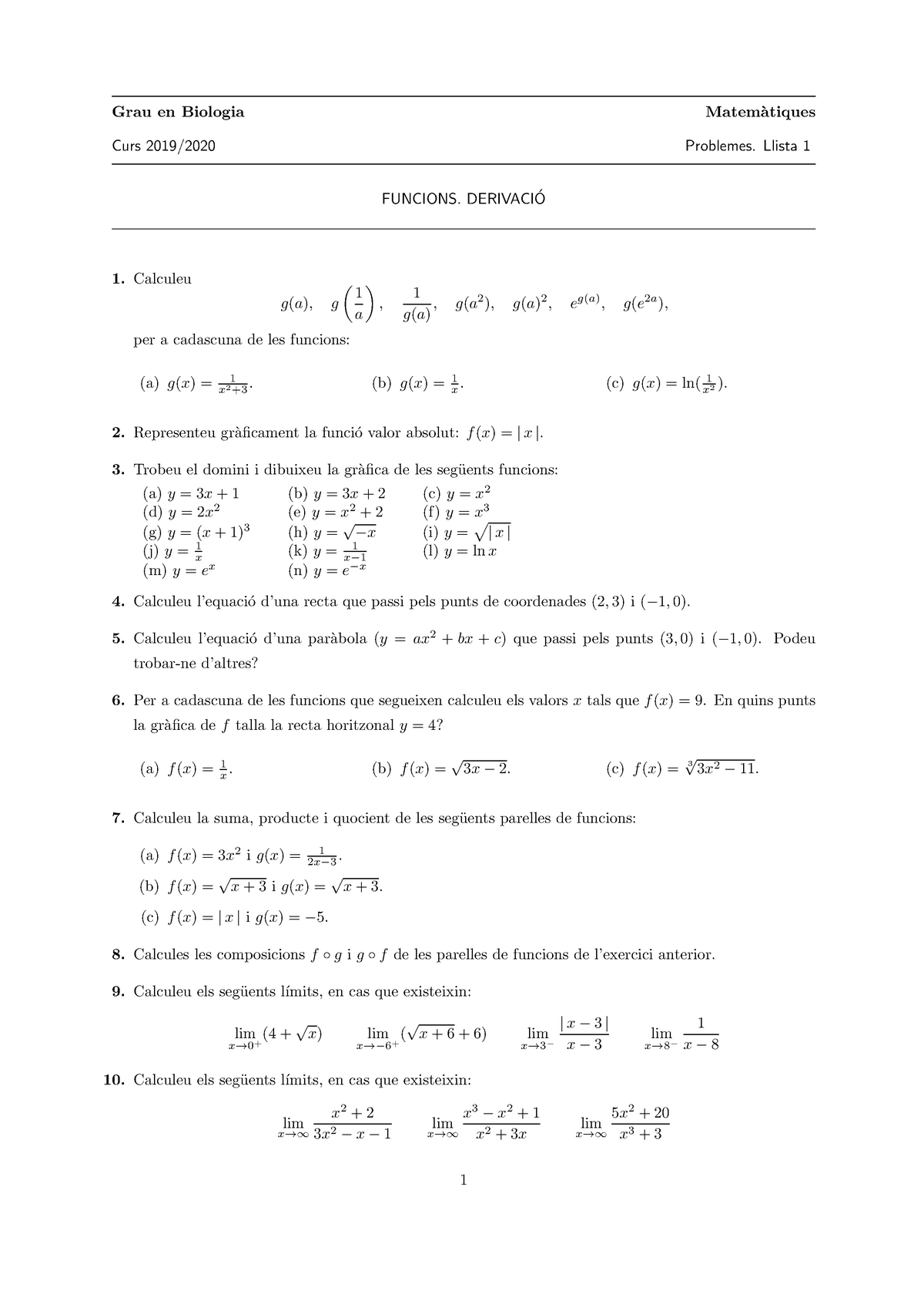 Llista 1 Problemas De Funciones Y Derivadas Para Practicar Grau En