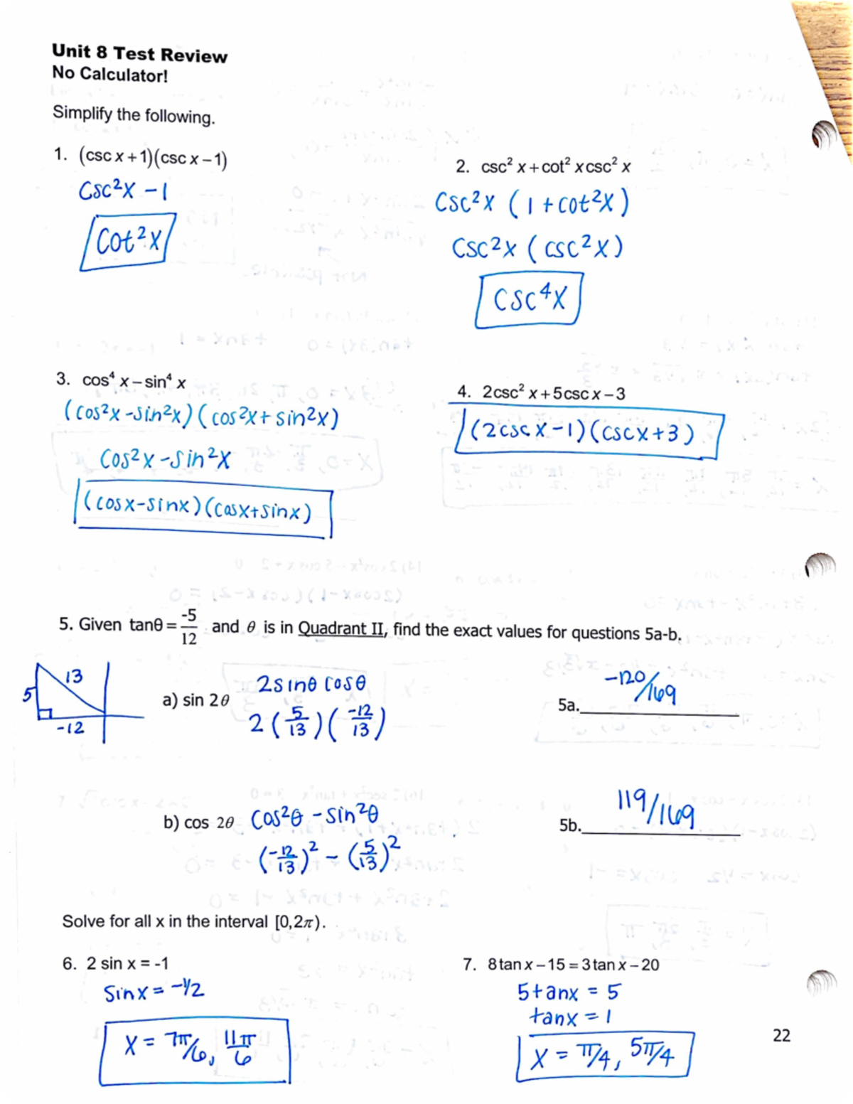 Unit 9 Trig Identities Review Key - Unit 8 Test Review No Calculator ...