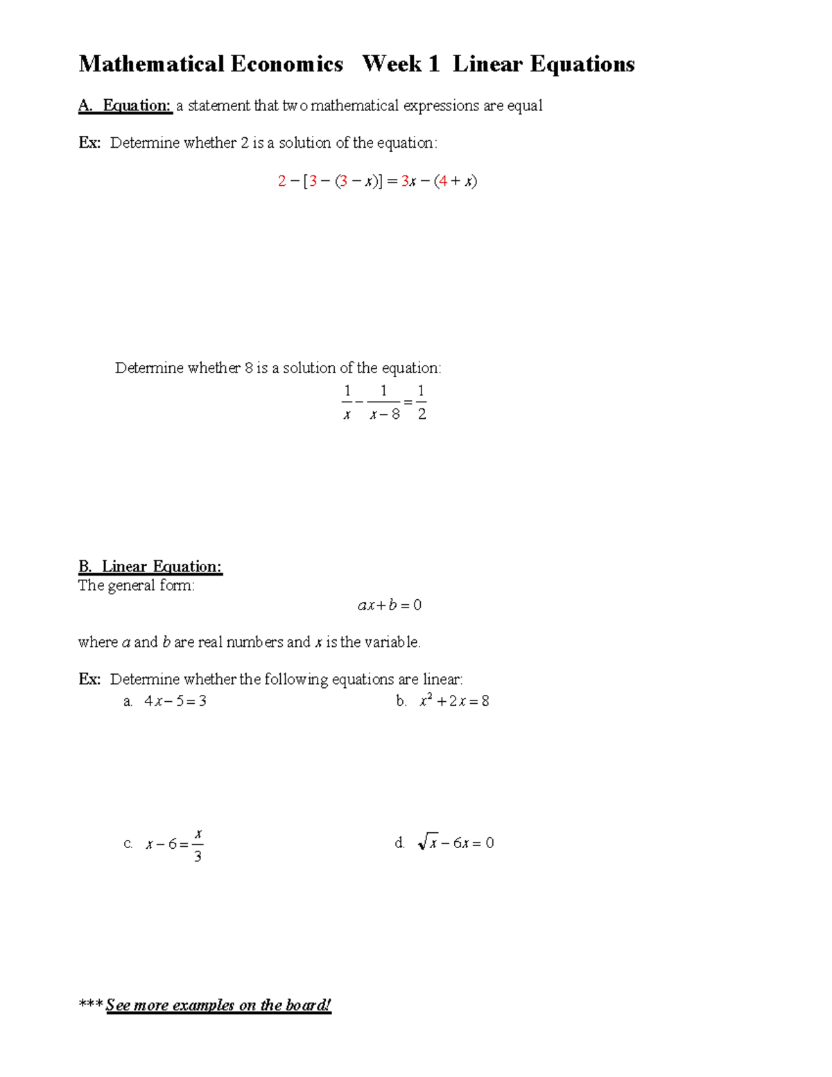 Linear Equalities - Mathematical Economics Week 1 Linear Equations A ...