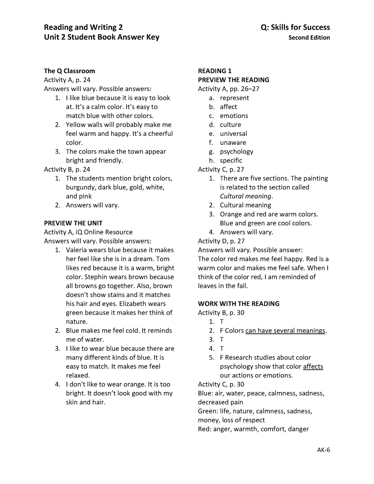 RW U 2 1 Good Unit 2 Student Book Answer Key Second Edition The Q 