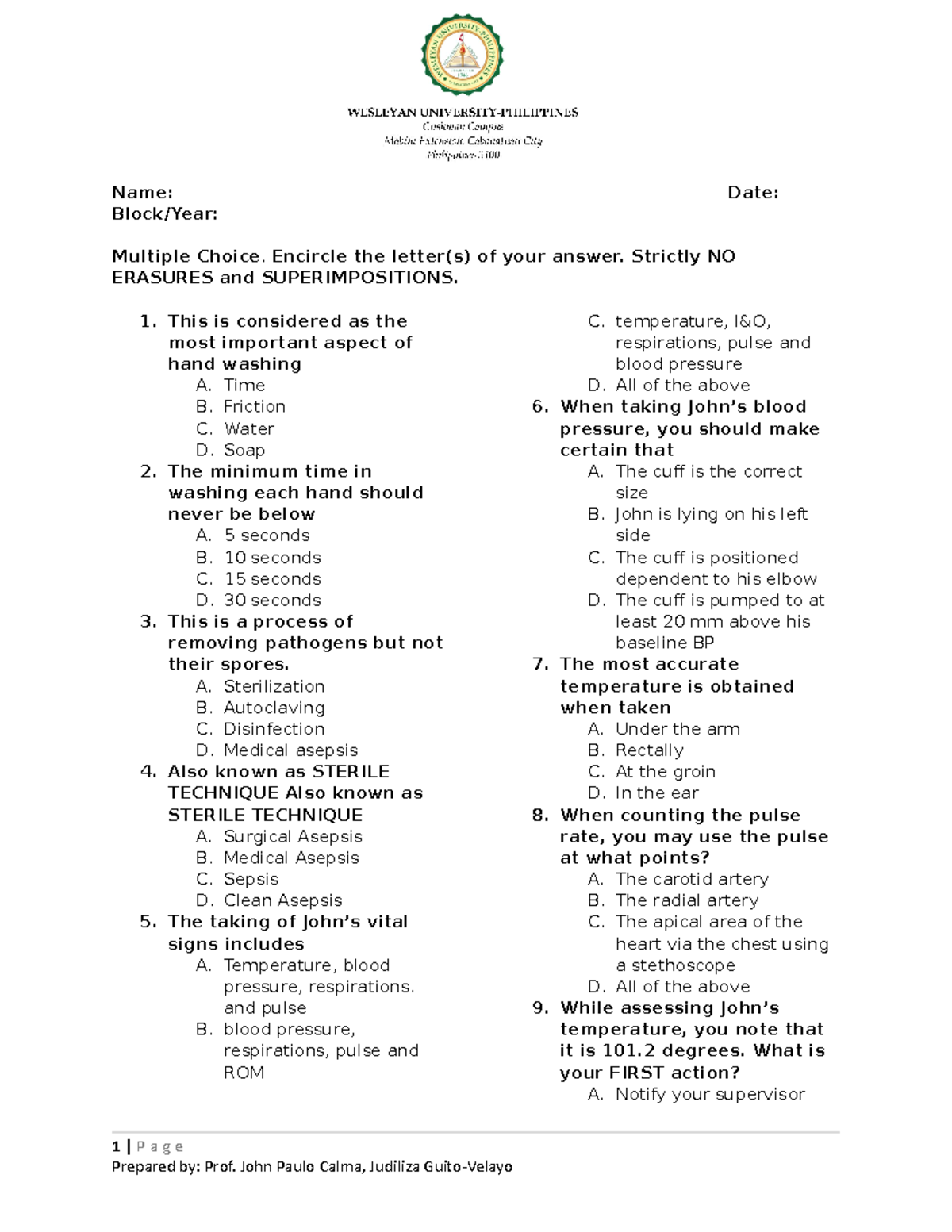 Fundamentals Of Nursing Prelim Exam - Name: Date: Block/Year: Multiple ...