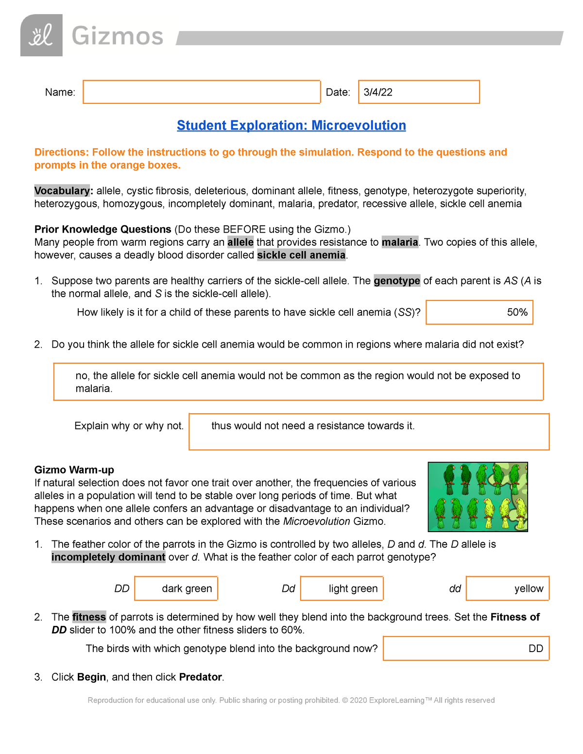 Student Exploration Microevolution Worksheet Answers