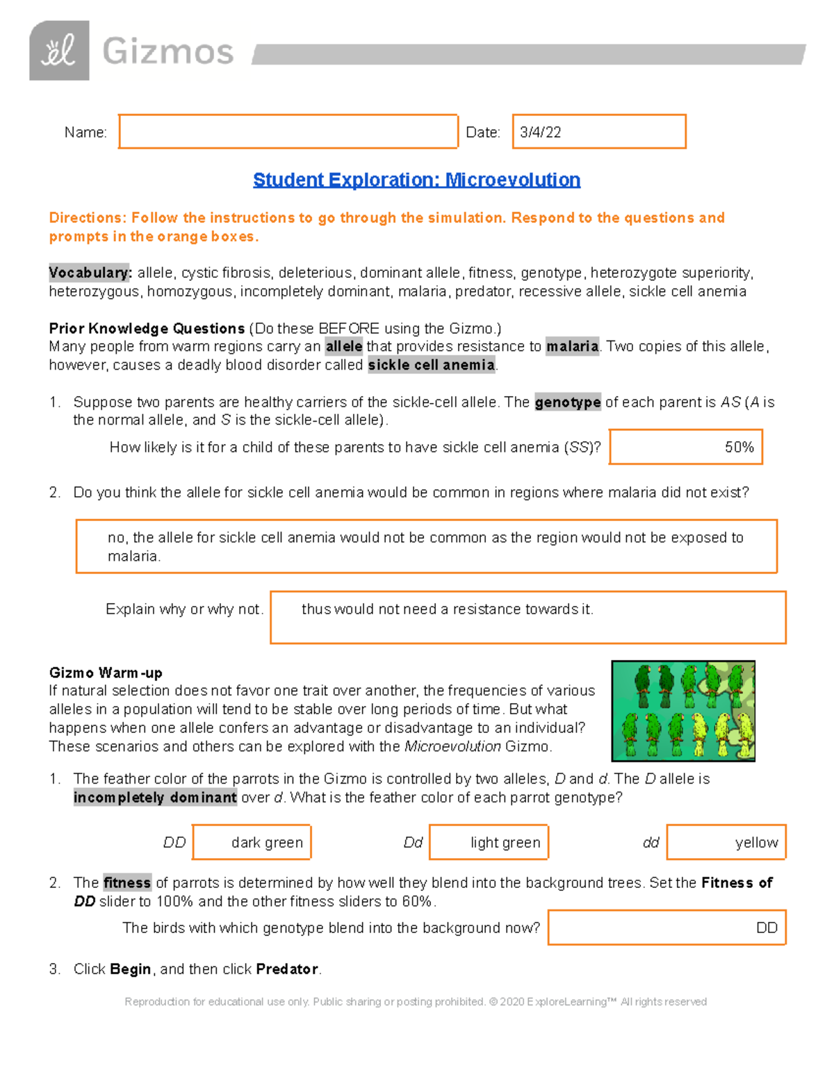 Student Exploration Microevolution Worksheet Answers