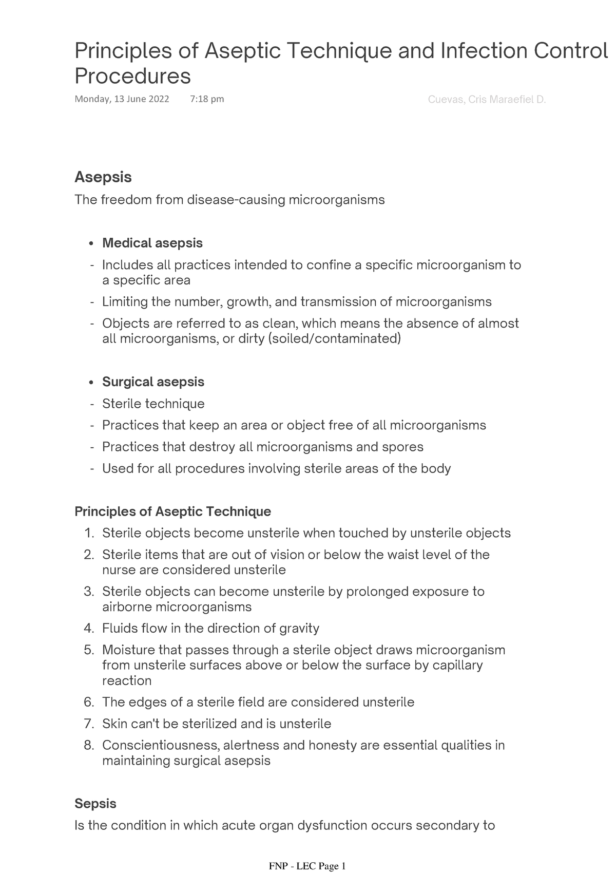 Principles Of Aseptic Technique And Infection Control Procedures ...