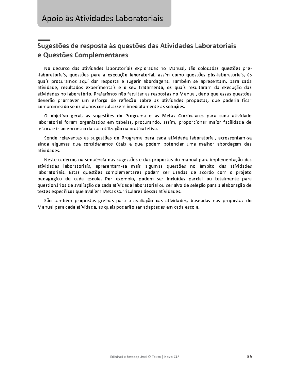 Atividades laboratoriais - Também se apresentam, para cada atividade ...
