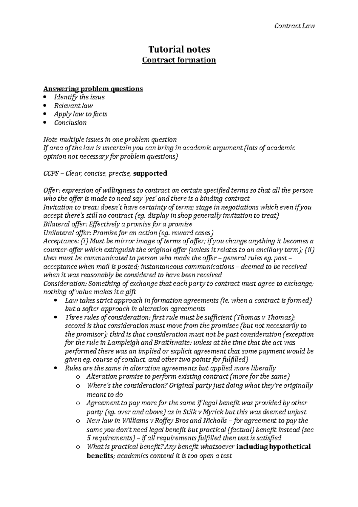 Contract Formation (Tutorial notes) - Tutorial notes Contract formation ...