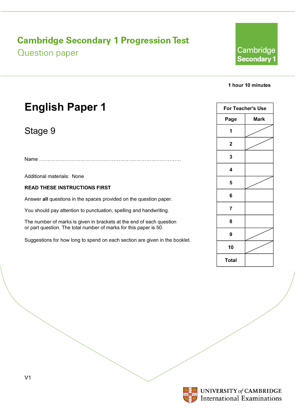 Cambridge Secondary Progression Test - Stage 9 English Paper 1 - For ...