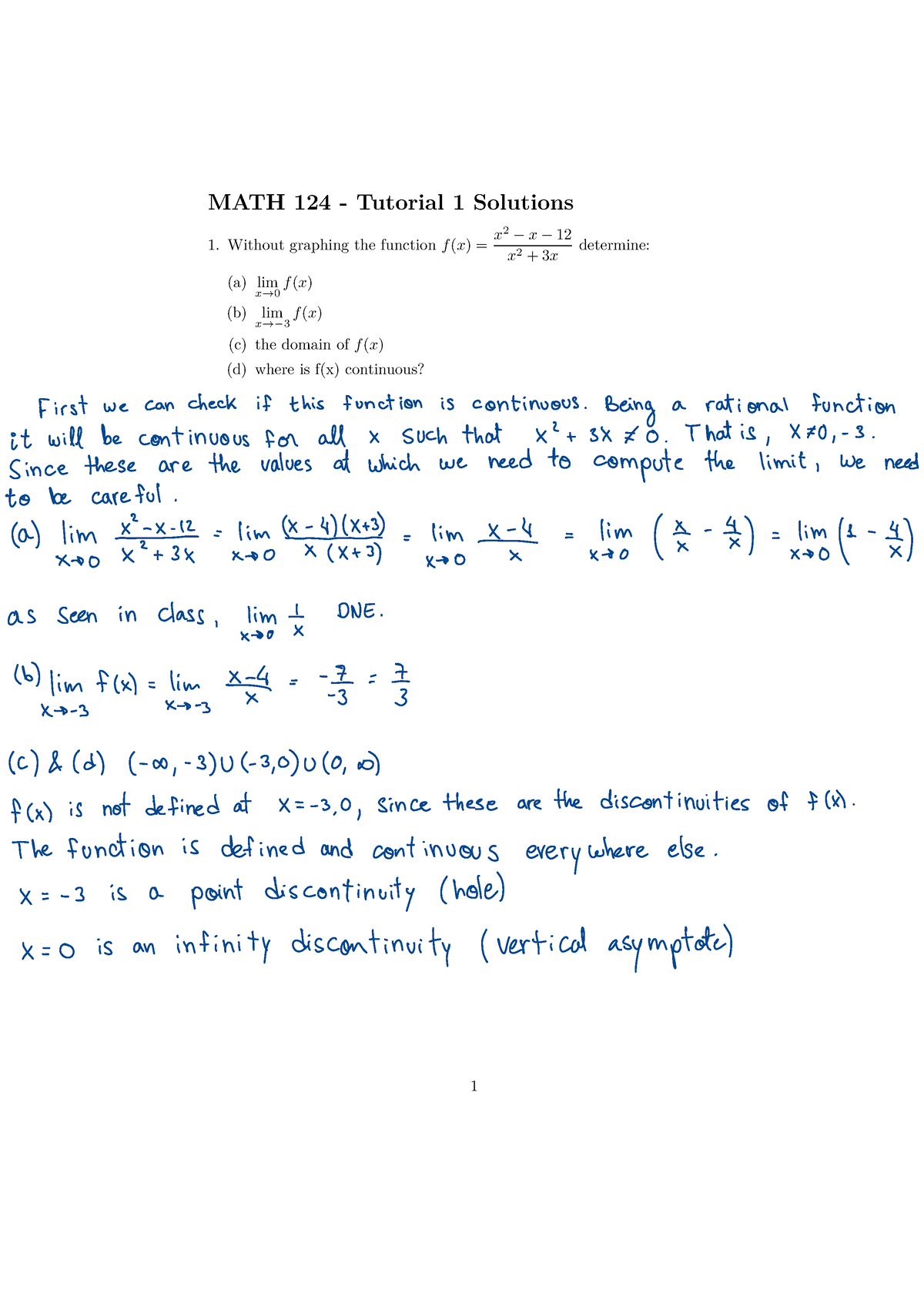 Math 124 Tutorial 1 - MATH 124 - Tutorial 1 Solutions Without Graphing ...