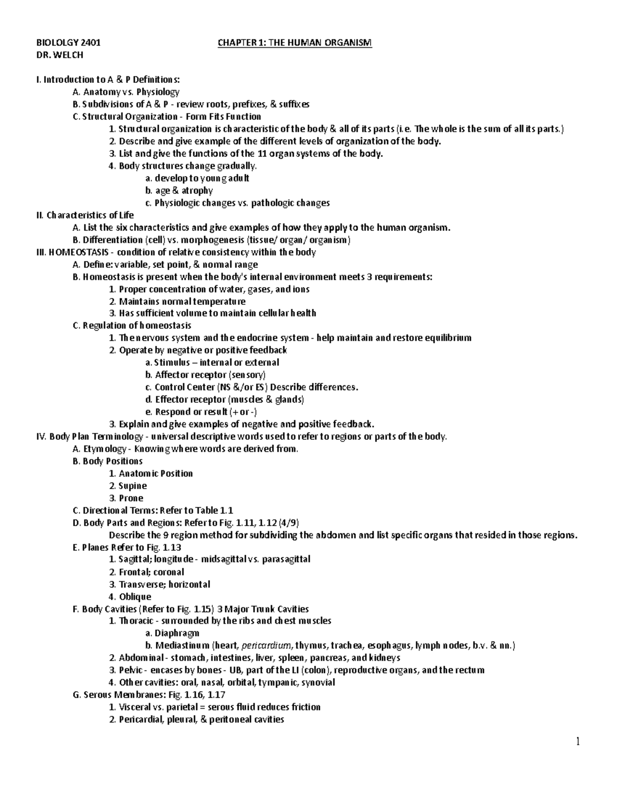 BIOL 2401 Chapter 1 - 1 BIOLOLGY 2401 CHAPTER 1: THE HUMAN ORGANISM DR ...