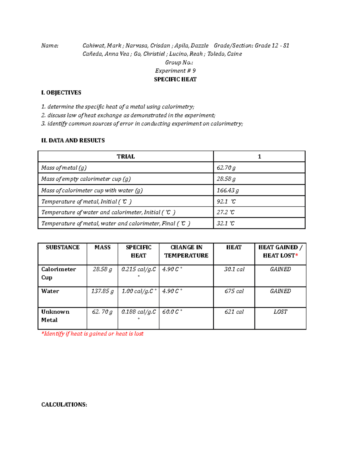 Lesson on Calorimetry Physics Grade 12 Name Cahiwat, Mark