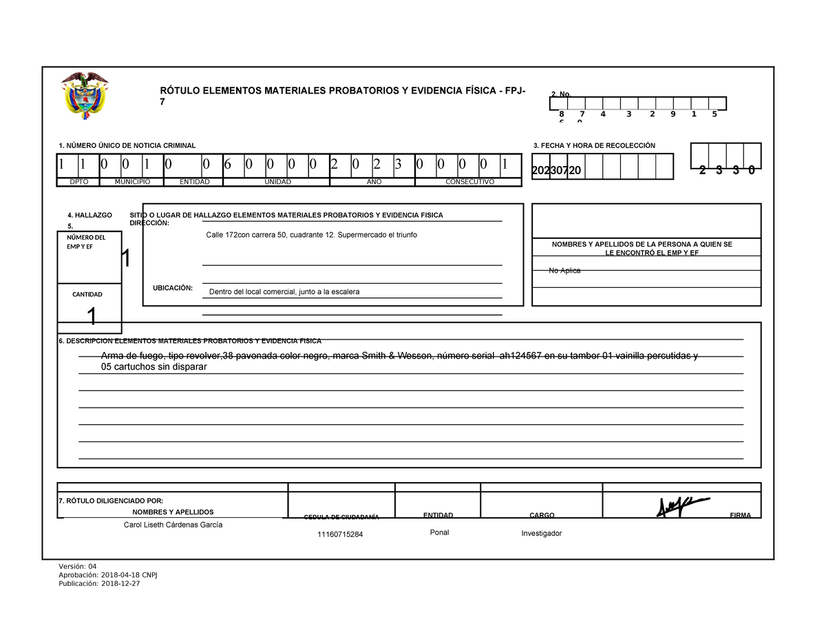 Fpj 7 Rotulo Cadena De Custodia RÓtulo Elementos Materiales Probatorios Y Evidencia FÍsica 3596