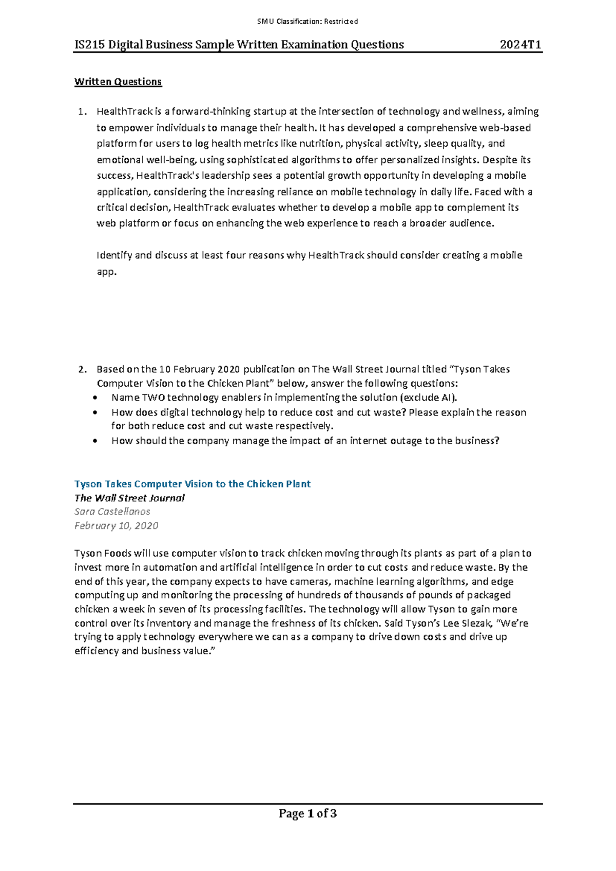 IS215 sample written exam questions 2024T1 - IS215 Digital Business ...