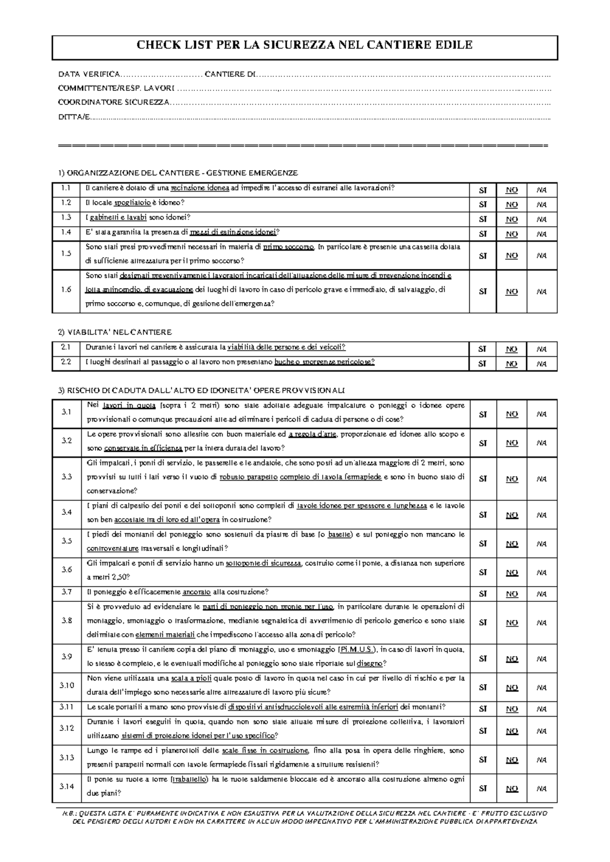 Check LIST Modello N QUESTA LISTA E PURAMENTE INDICATIVA E NON 