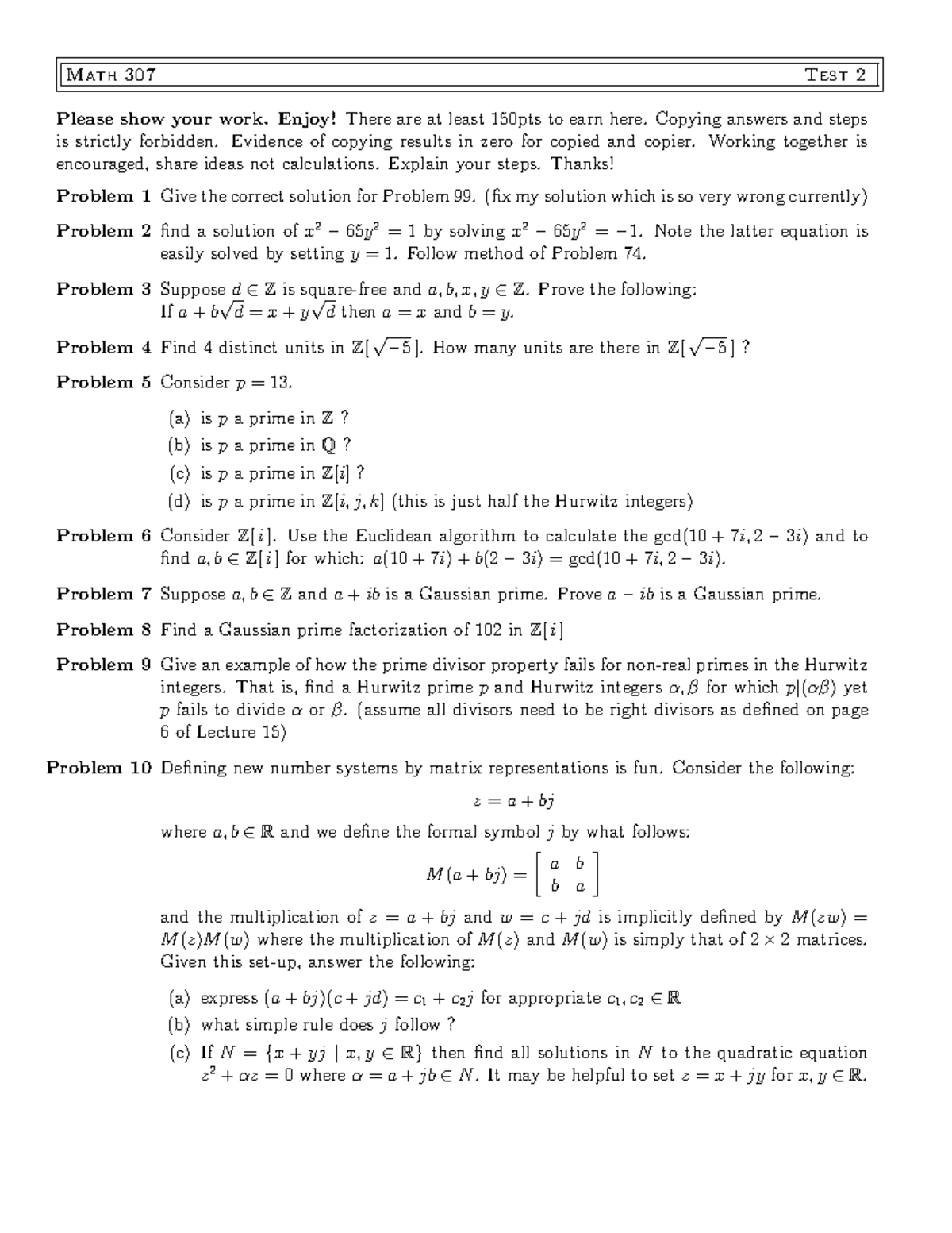 Introductory Number Theory Test 2 Math 307 Test Please Show Your Work Enjoy There Are At Least 150pts To Earn Here Copying Answers And Steps Is Strictly Studocu