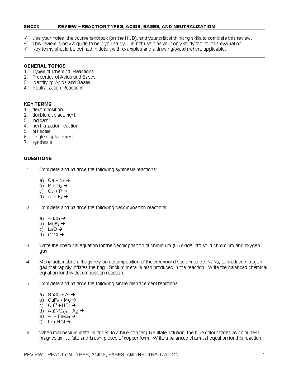 Review - Reaction Types, Acids, Bases, AND Neutralization - SNC2D ...