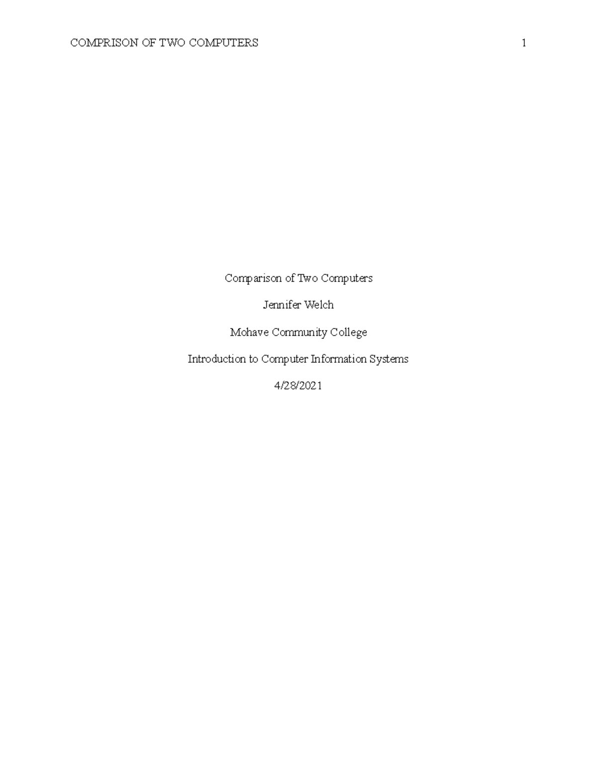 Writing assignment CIS- Draft - Comparison of Two Computers Jennifer ...