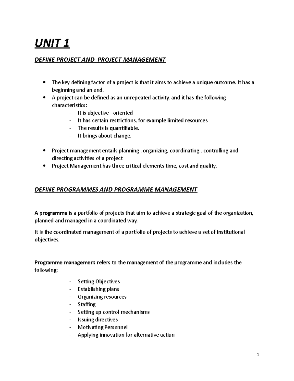 Programme Management 3-1 - UNIT 1 DEFINE PROJECT AND PROJECT MANAGEMENT ...