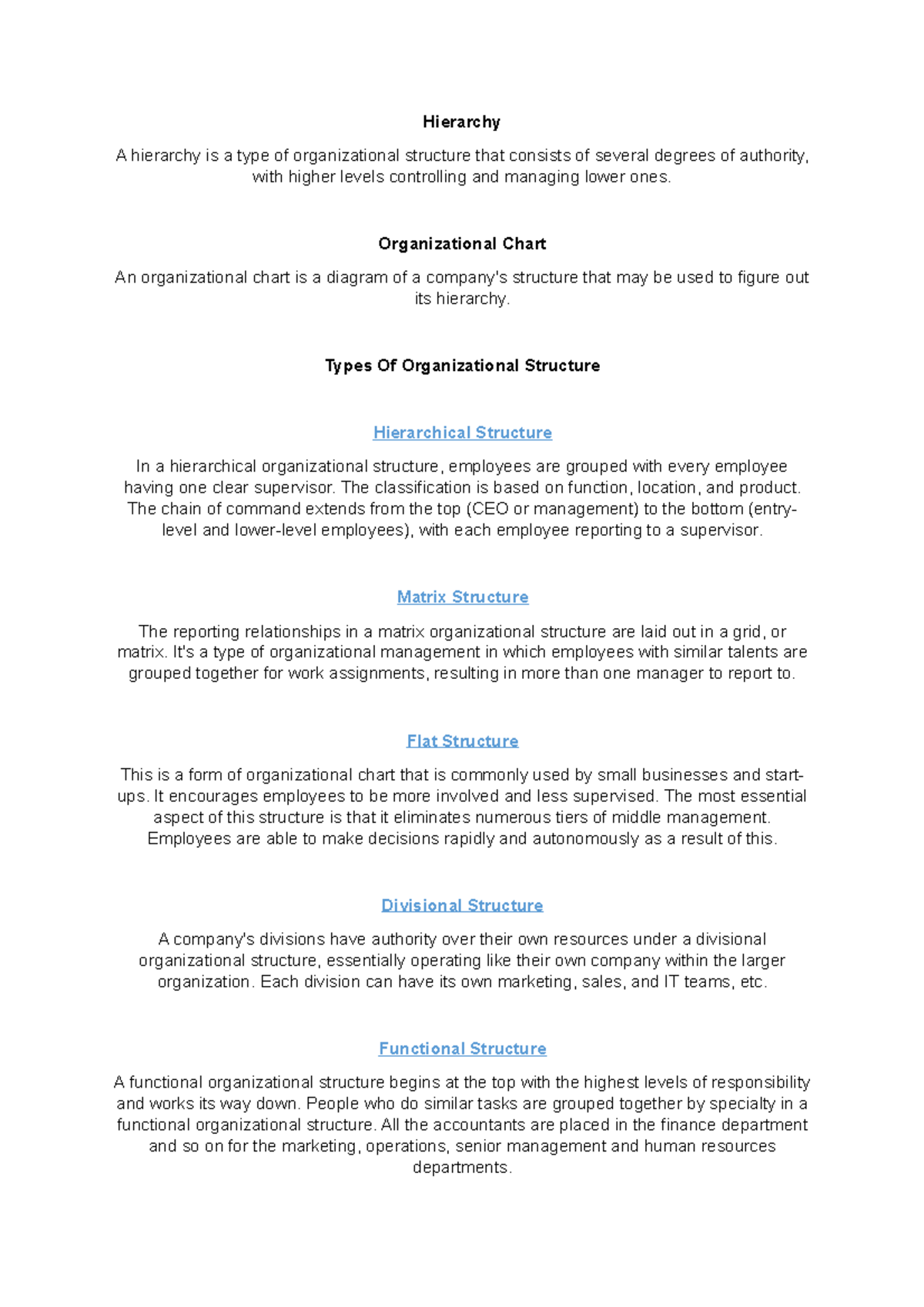 ELC270 Notes - Types Of Organization Structures - Hierarchy A hierarchy ...