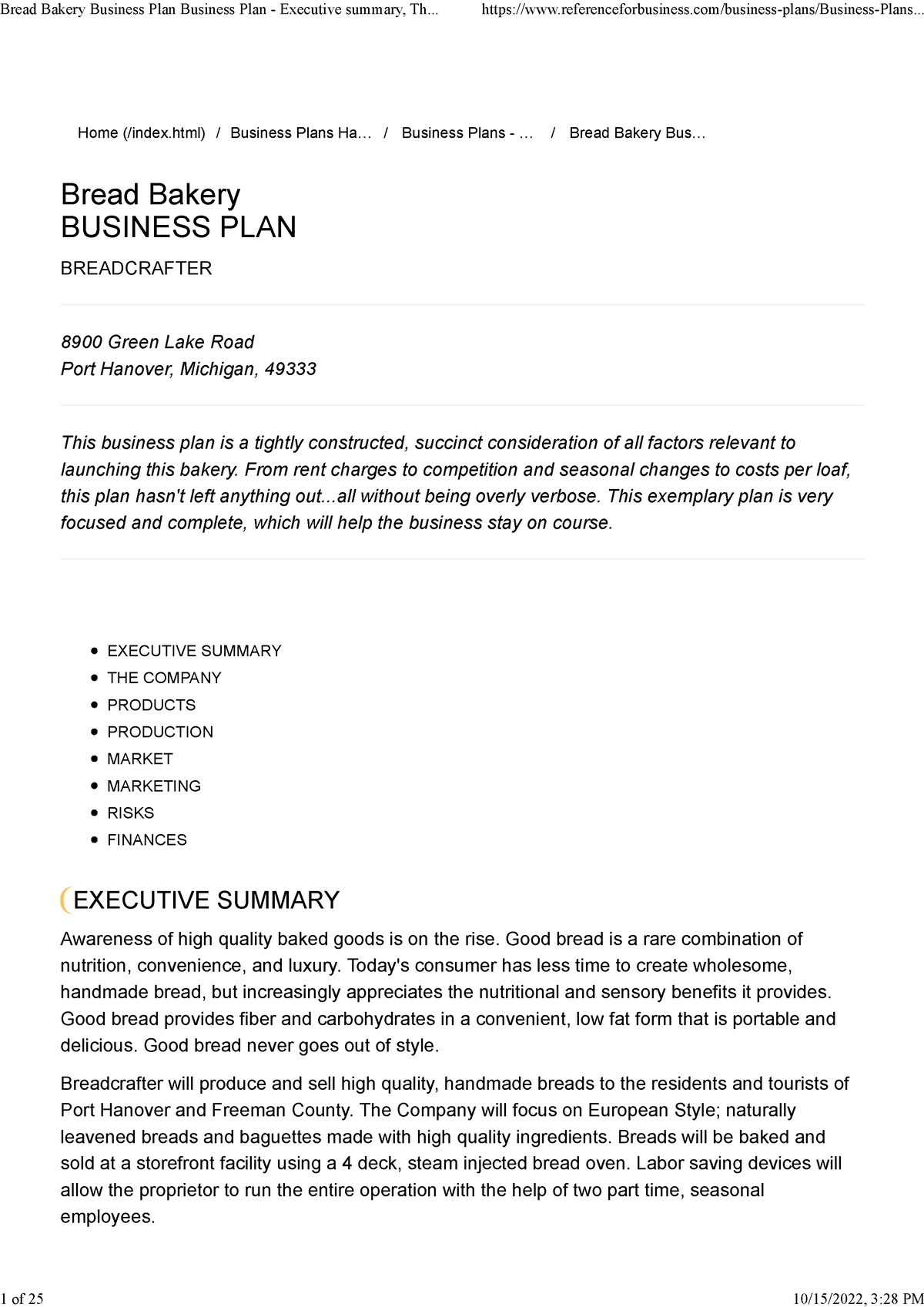 bakery business plan investment