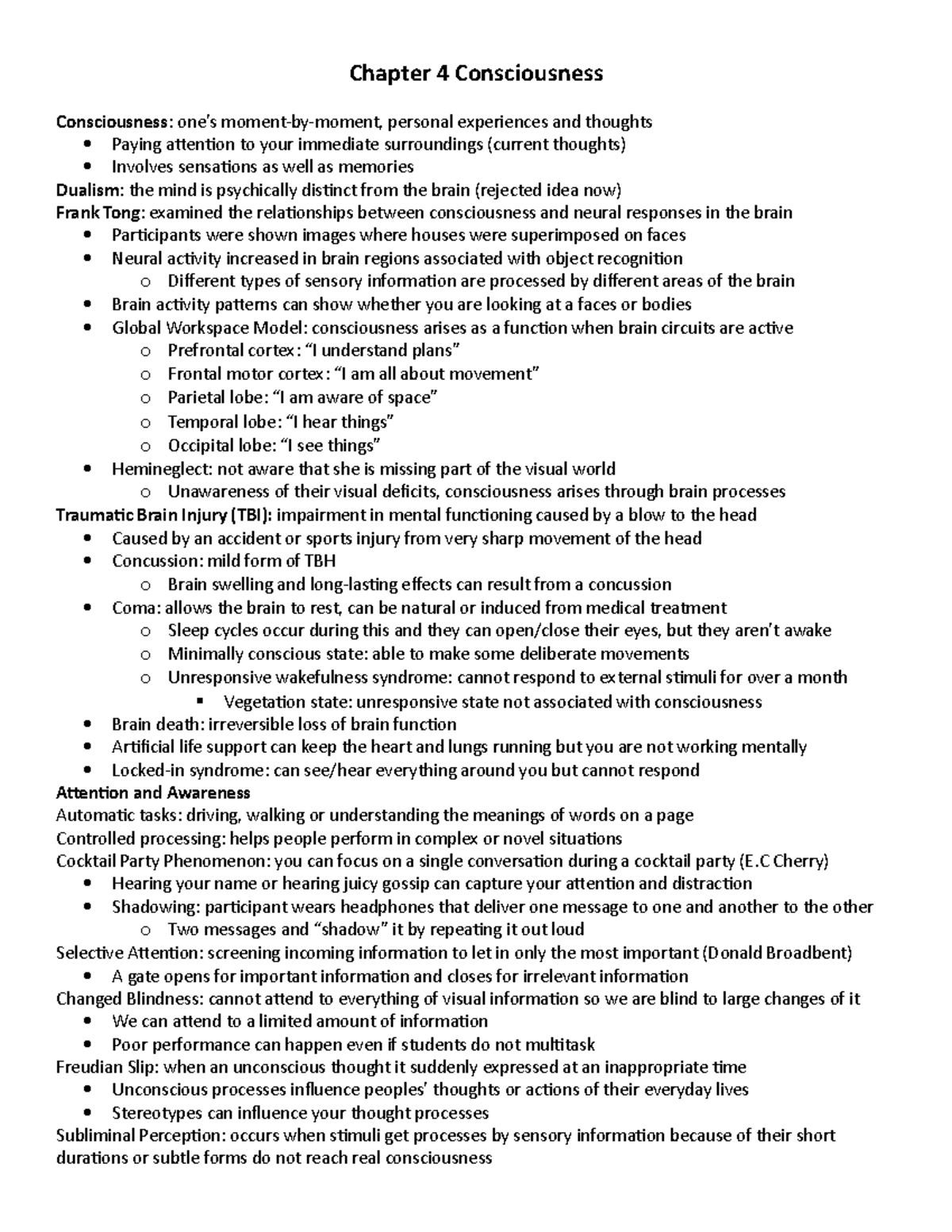 Chapter 4 - Consciousness - Chapter 4 Consciousness Consciousness : one ...