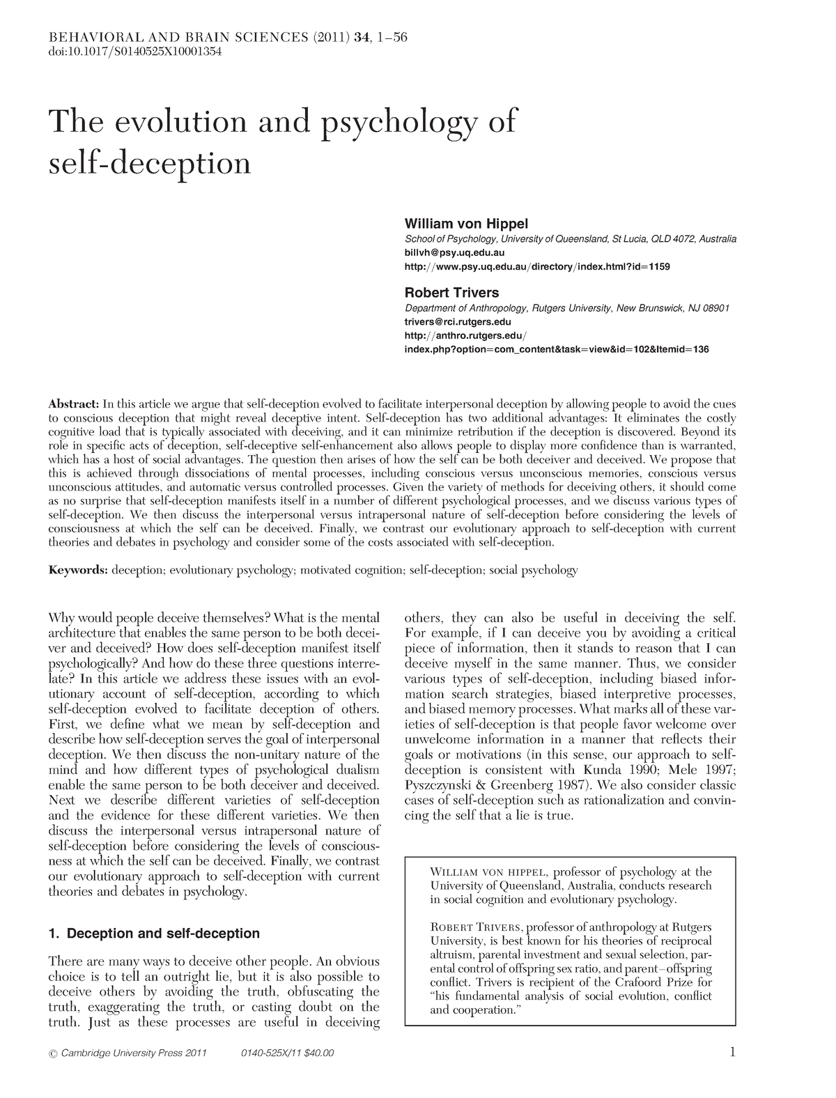 The Evolution And Psychology Of Self-deception - The Evolution And ...