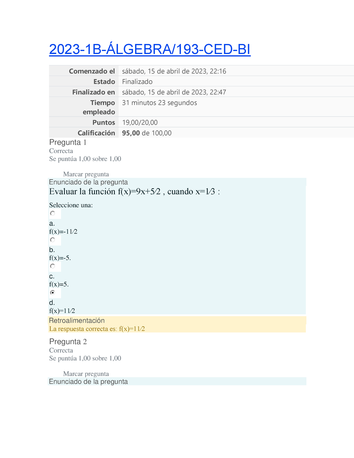 Algebra 1 Prueba - 2023-1B-ÁLGEBRA/193-CED-BI Comenzado El S·bado, 15 ...