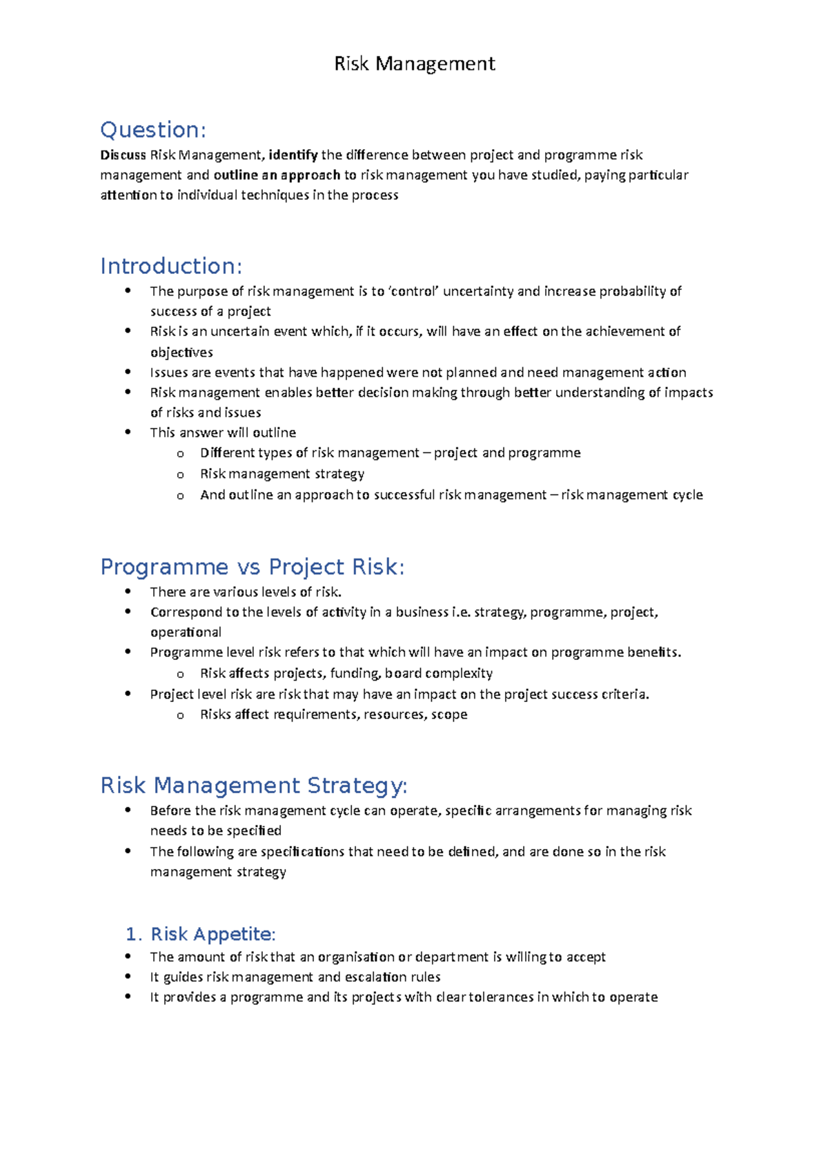 Risk Management Notes w Answers - Risk Management Question: Discuss ...