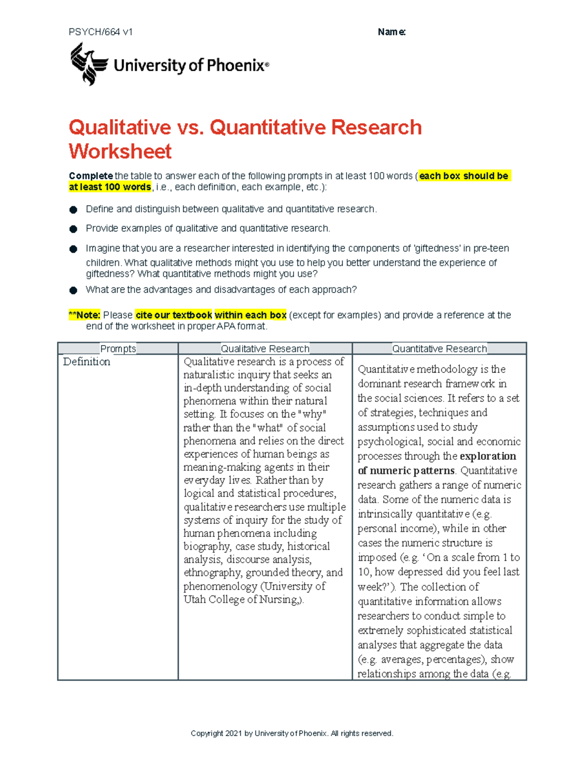 Qualitative vs. Quantitative Research Worksheet PSYCH/664 v1 Name