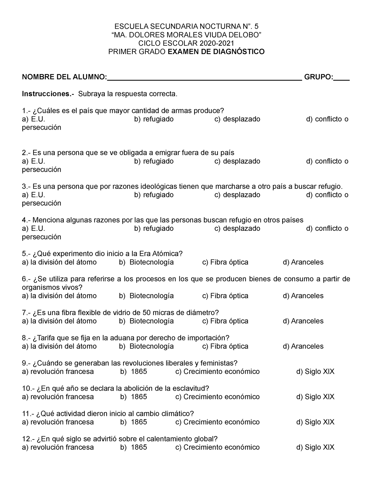 Examen DE Diagnóstico Primero Historia Secundaria - ESCUELA SECUNDARIA ...