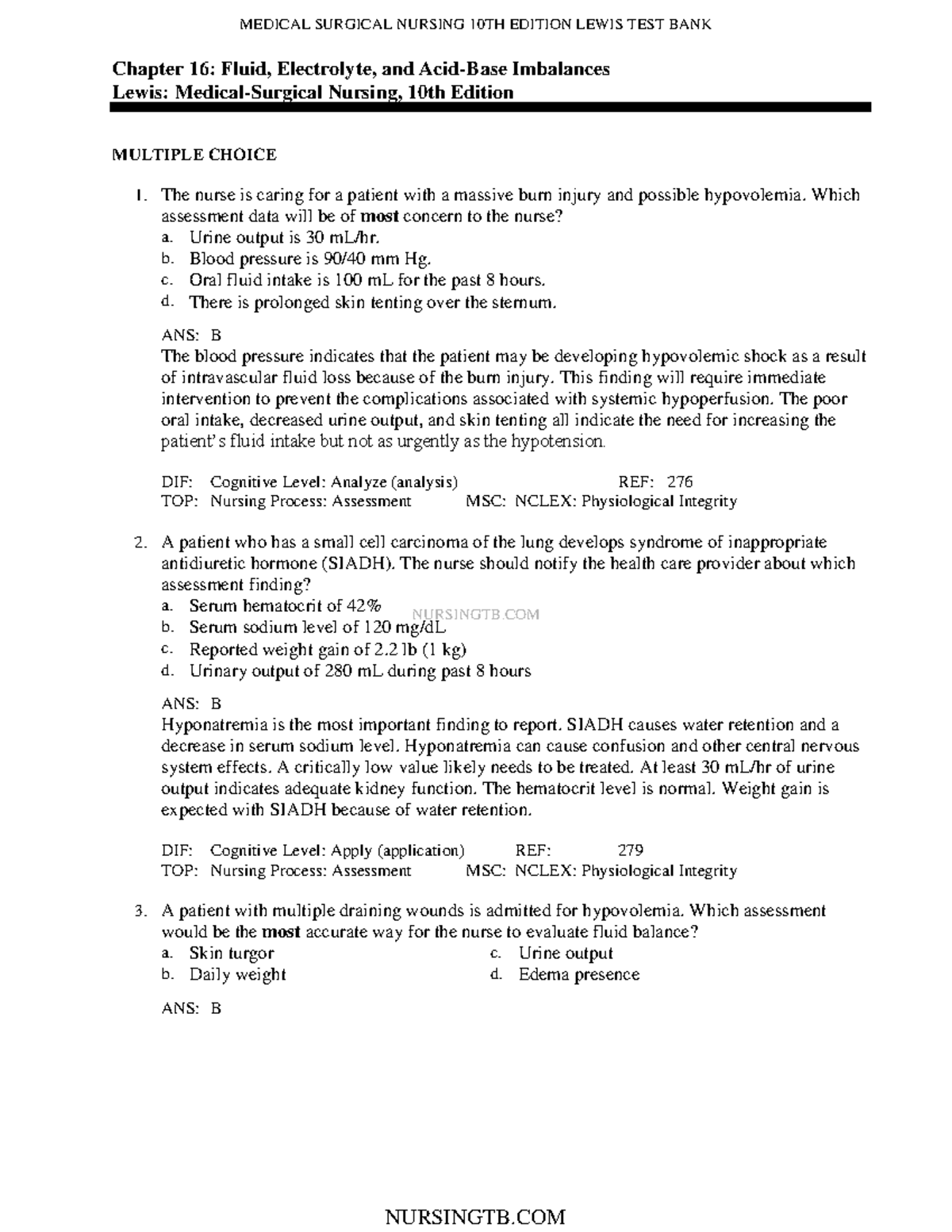 C16 - Test Bank Ch 16 - NURSINGTB Chapter 16: Fluid, Electrolyte, And ...