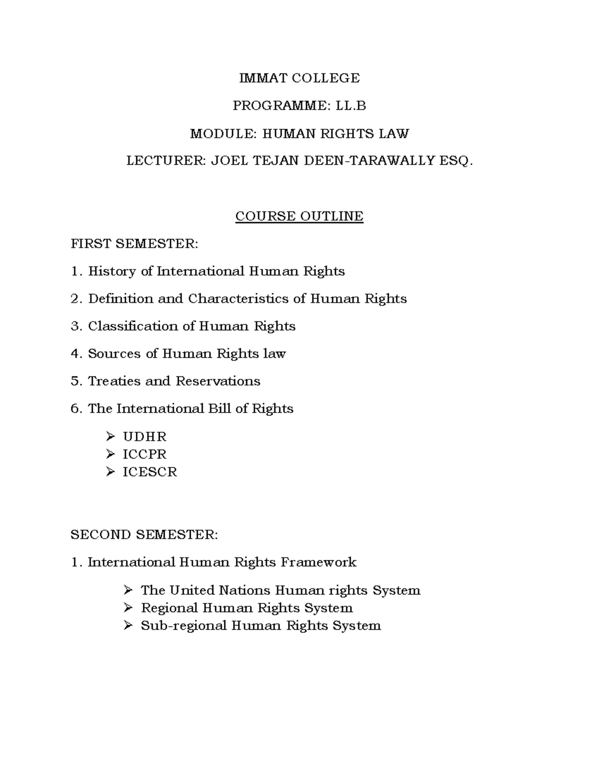 Human Rights LAW Revised Course Outline - IMMAT COLLEGE PROGRAMME: LL ...