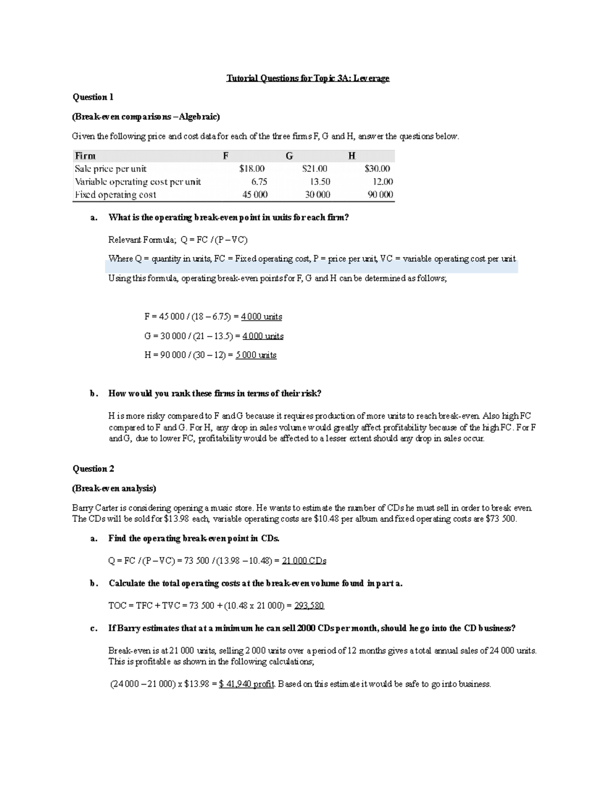 Tutorial Topic 3A Leverage Tutorial Questions for Topic 3A