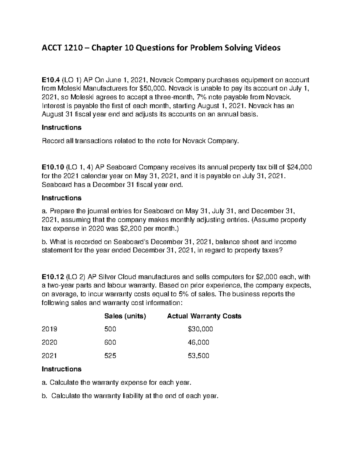 Extra Questions For Chapter 10 - ACCT 1210 – Chapter 10 Questions For ...