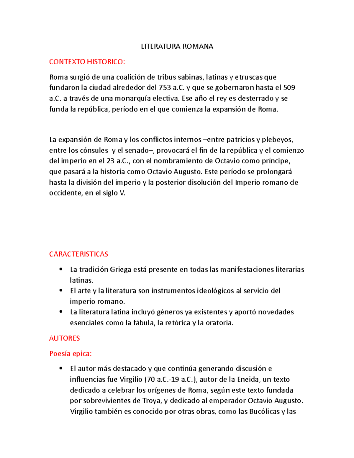 Literatura Romana - bien - LITERATURA ROMANA CONTEXTO HISTORICO: Roma ...