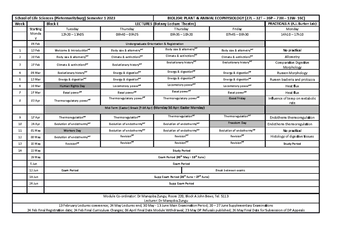 2023 BIOL324 Time Table - Version 1 Full - School of Life Sciences ...