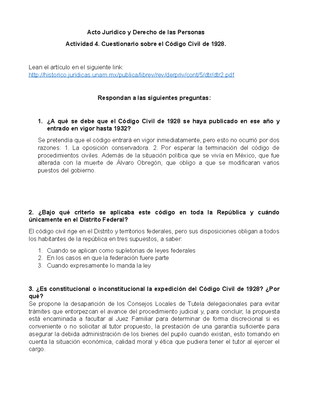 Actividad 4 Cuestionario Codigo Civil 1928 - Acto Jurídico Y Derecho De ...