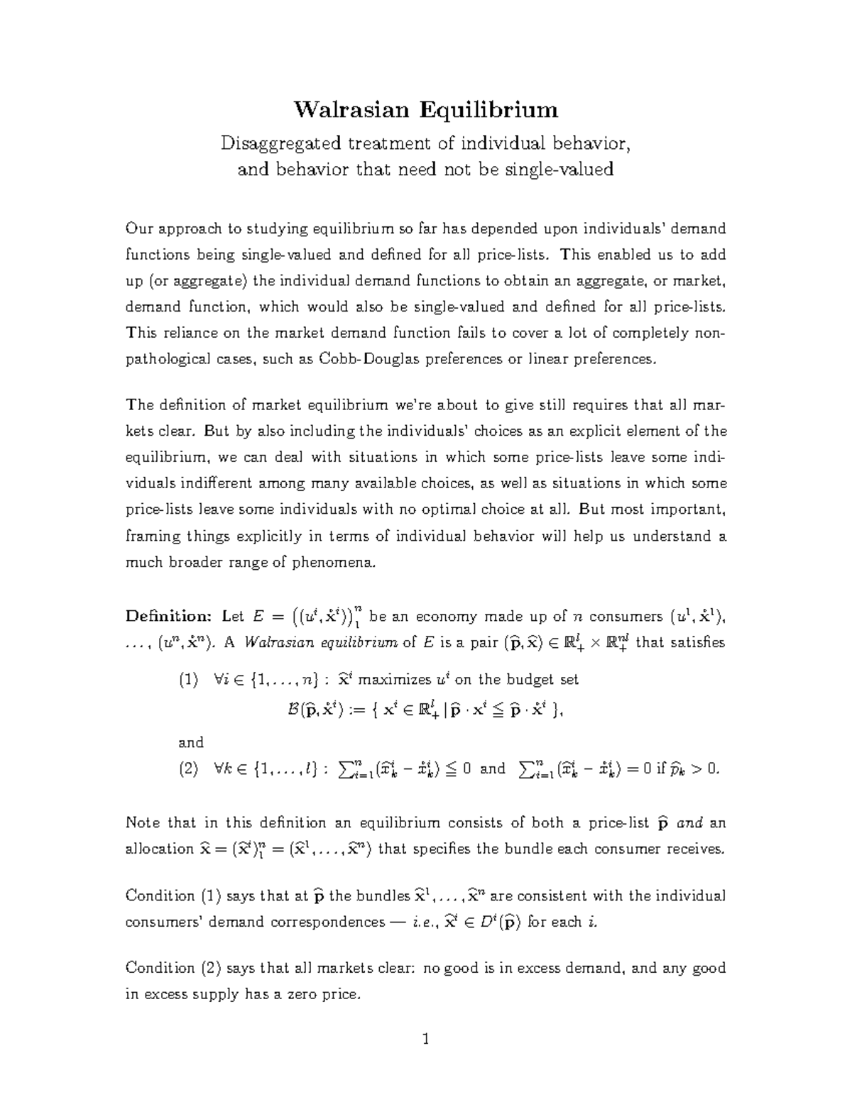 Lecture Notes, Lecture 10 - Disaggregated Equilm Defn - Walrasian ...