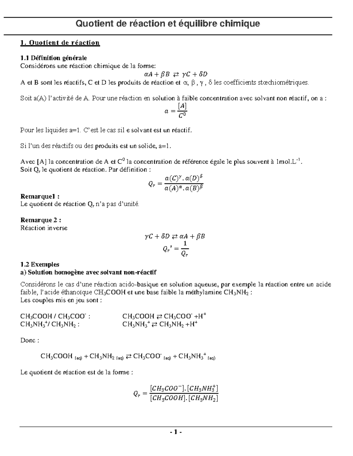 Quotient de réaction et eq chimique - Quotient de réaction et équilibre ...
