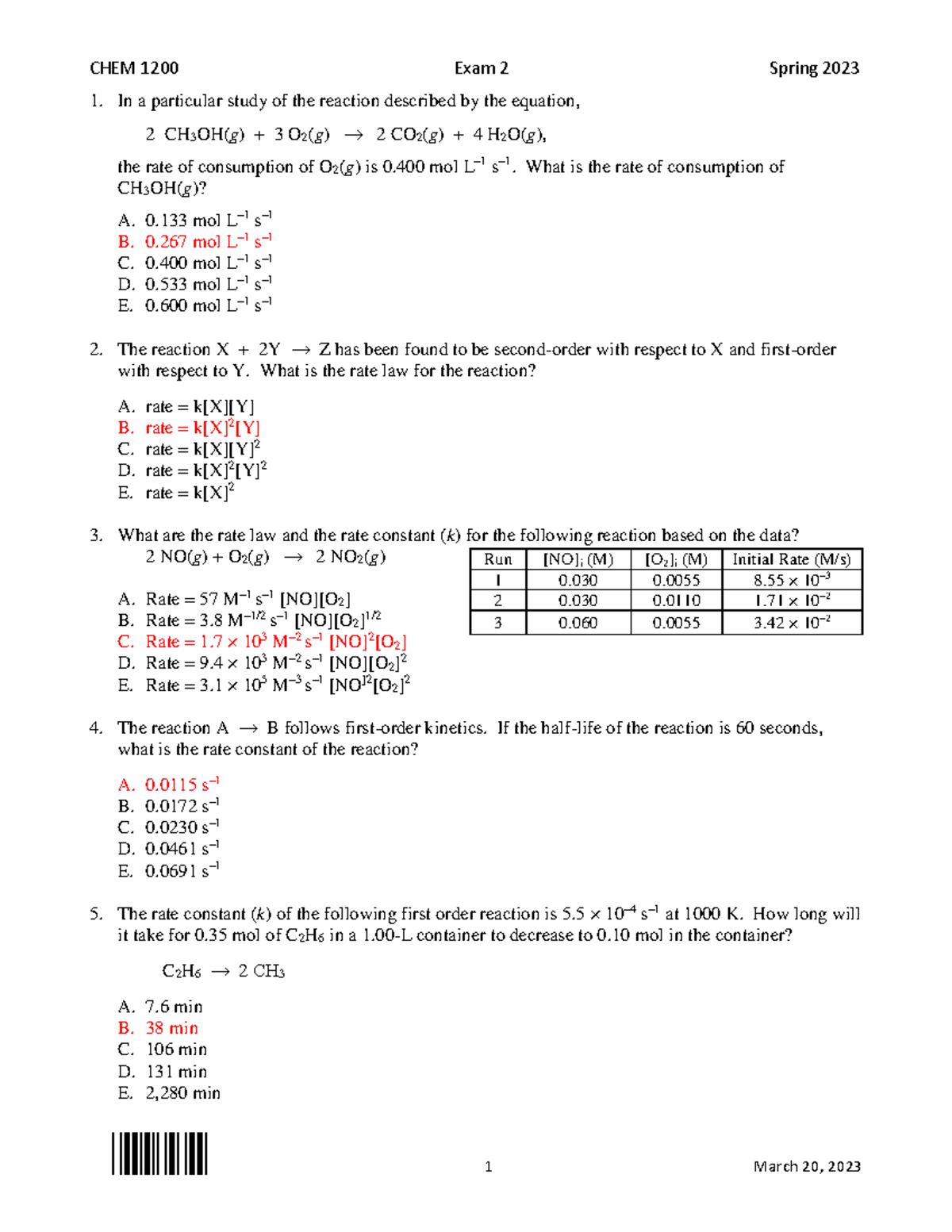 Chem 2 Exam 2 S2023 Form A - CHEM 1200 Exam 2 Spring 2023 A 1 March 20 ...