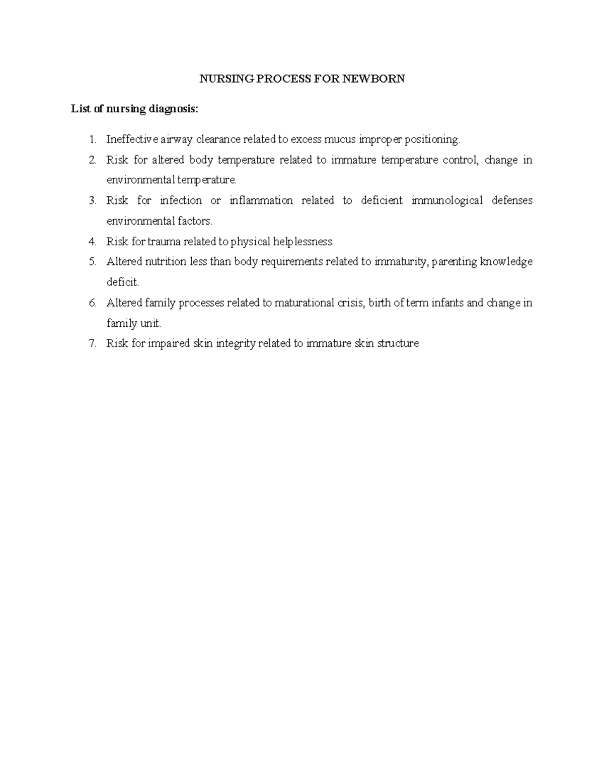 Newborn Nsg Diagnosis Nursing Process For Newborn List Of Nursing Diagnosis Ineffective