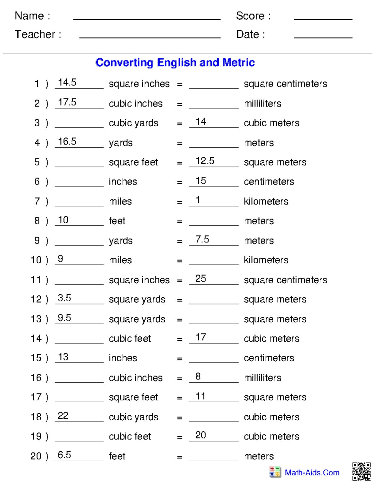 Converting English and Metric - Name : Teacher : Date : Score : Math ...