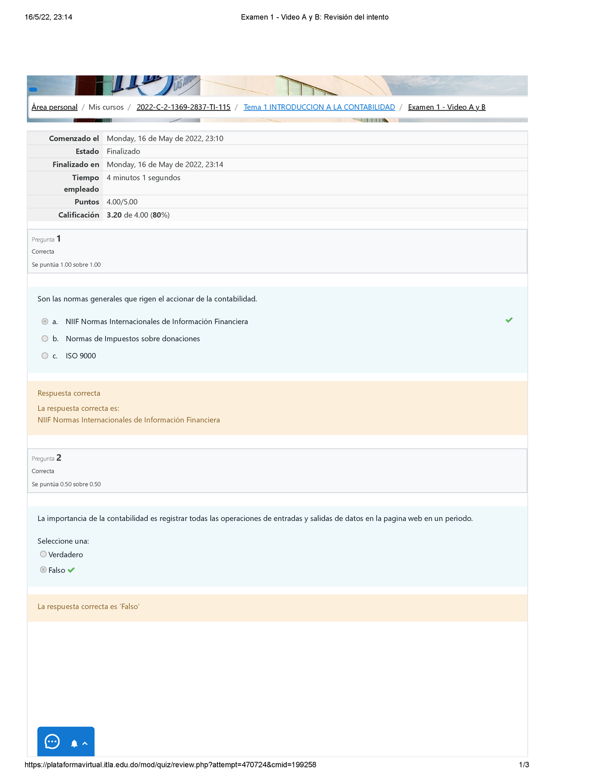 Examen 1 - Video A Y B Revisión Del Intento - 16/5/22, 23:14 Examen 1 ...