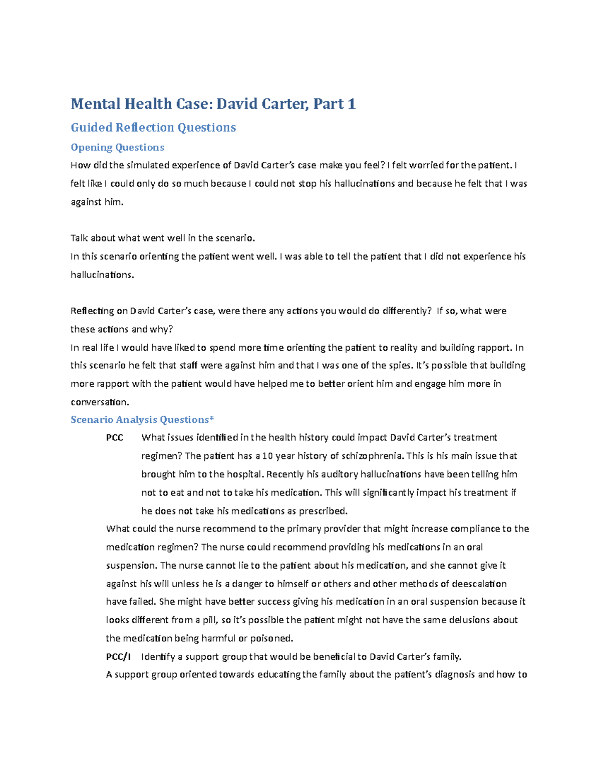 David carter part one guided reflection questions Mental Health Case