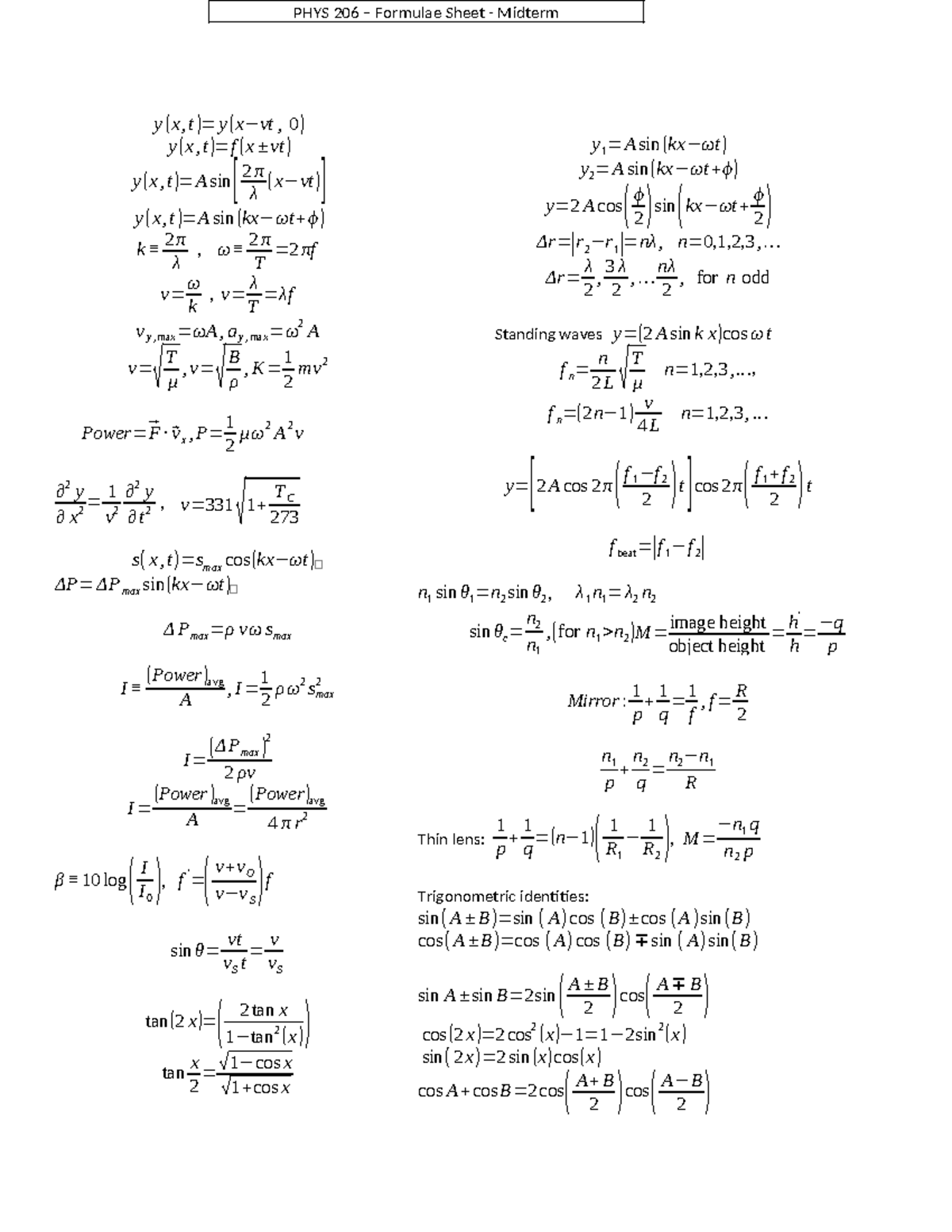 PHYS 206 - Formulae Sheet - Midterm - Chapter 16-17-34-35-36-37 - y ( x ...