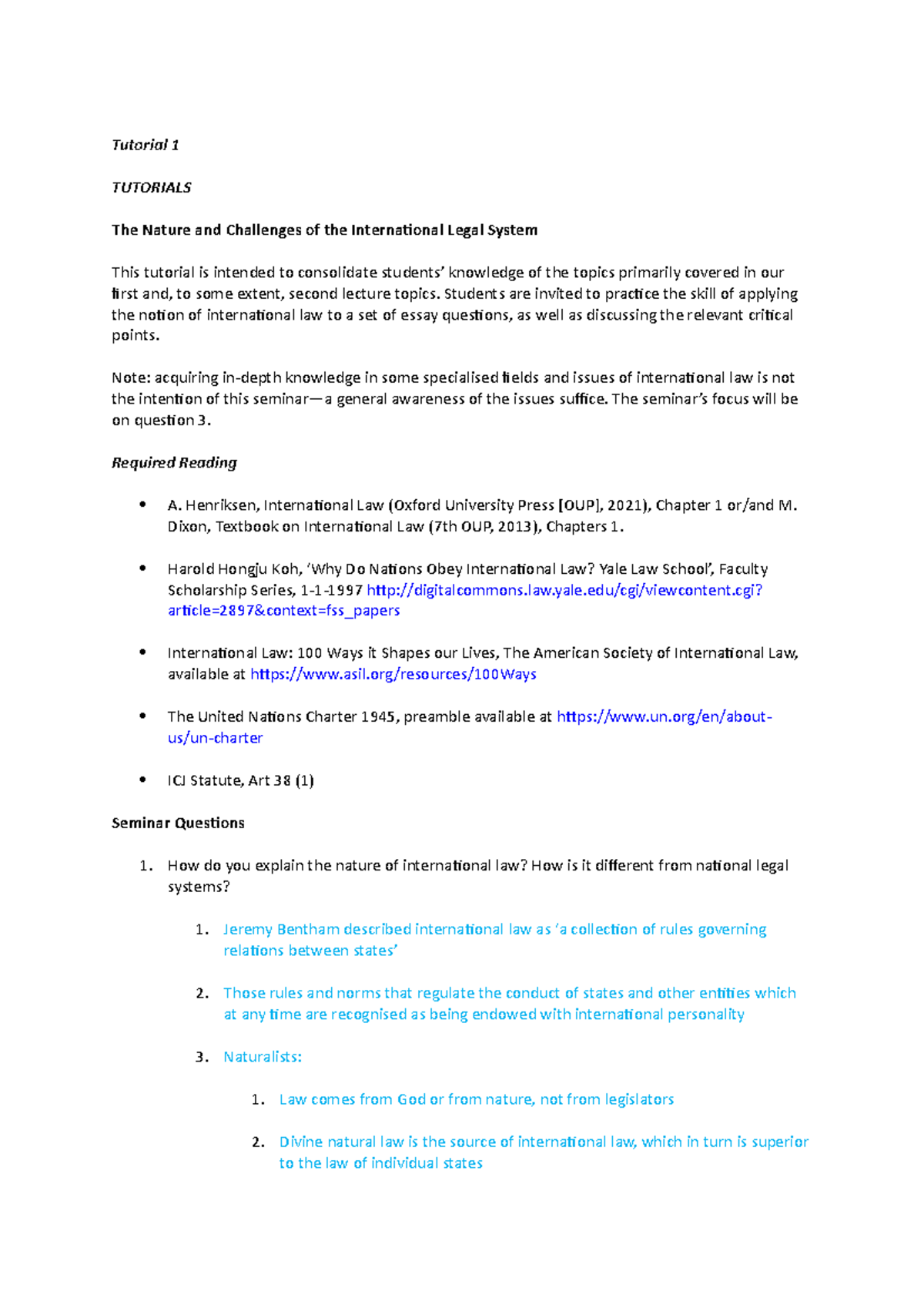 Public International Law Tutorial 1 - Tutorial 1 TUTORIALS The Nature ...