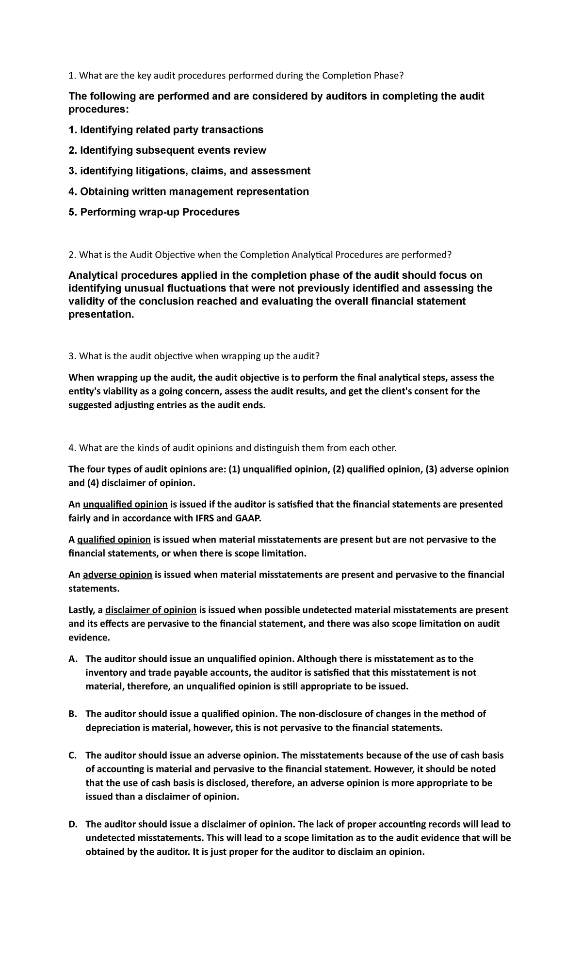 Quiz 2 - ASUPRIN - What are the key audit procedures performed during ...