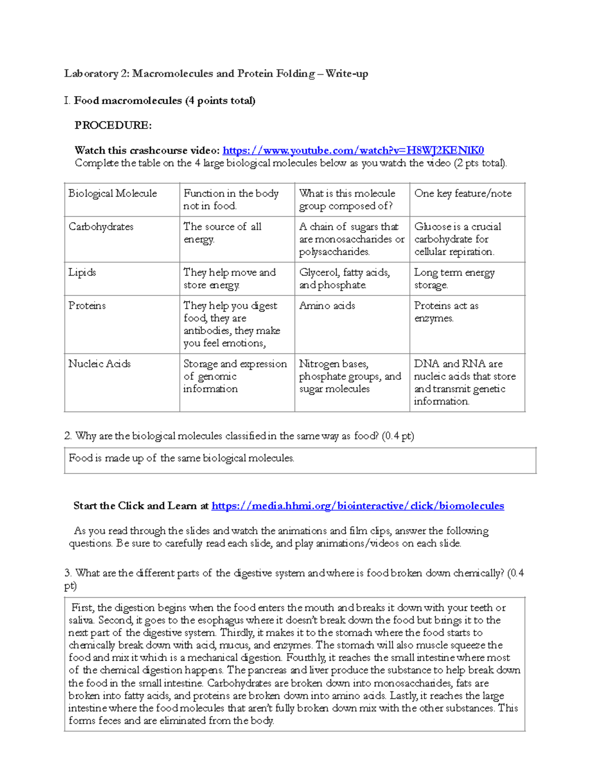 Write Up Number 2 - Excel worksheet - Laboratory 2: Macromolecules and ...