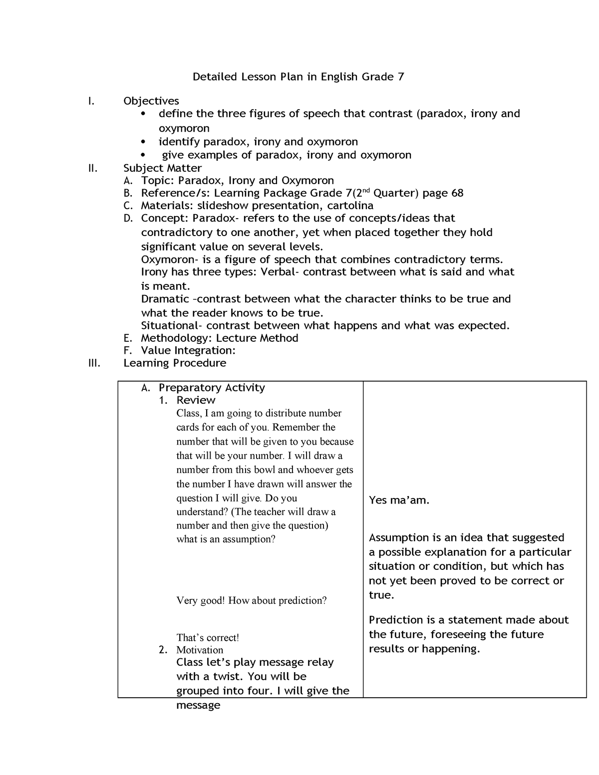 Detailed Lesson Plan In English Grade 7 Detailed Lesson Plan In